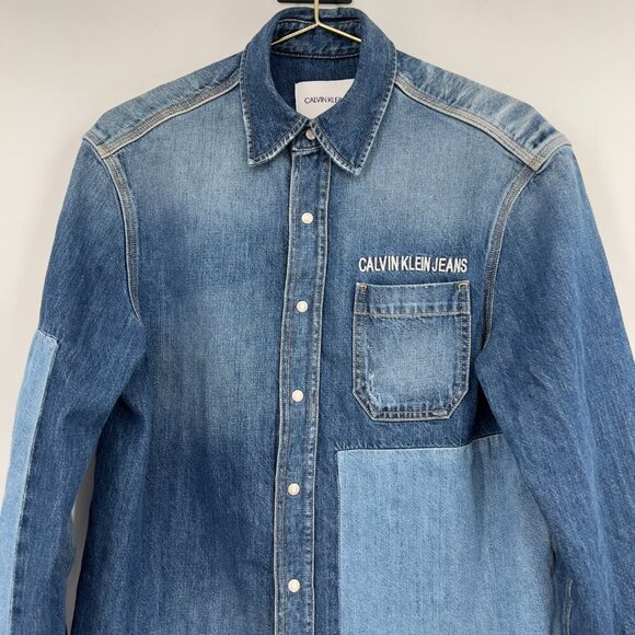 Calvin Klein Jeans Logo Patch Silver Snap Buttons Utility Shirt Women's S - Picture 2 of 13